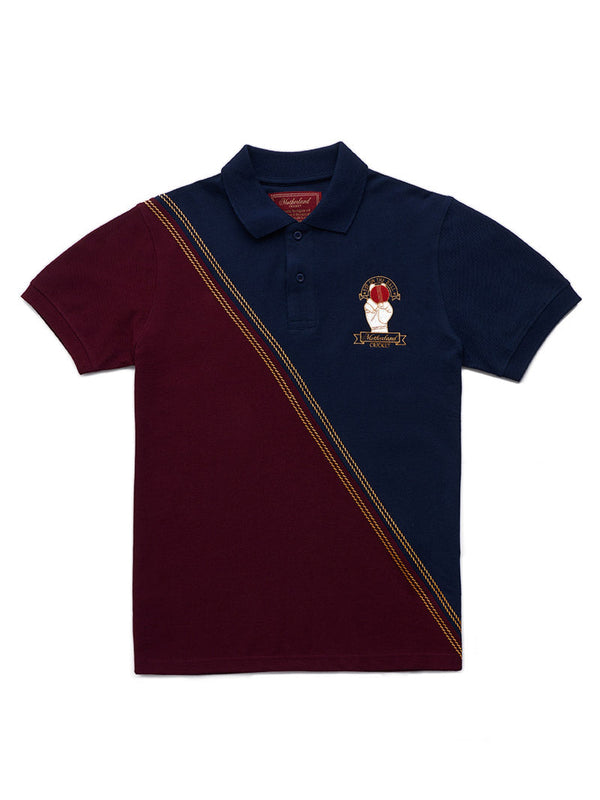 Navy and maroon polo with gold stripes and embroidered cricket ball emblem, test cricket apparel.