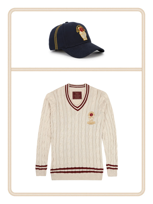 Cricket Sweater - Off White and Cricket Cap - Navy